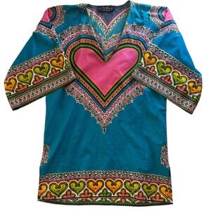 Vintage Bou Boulima Teal Pink Heart Dashiki Tunic Dress Boho Hippie Flare Sleeve